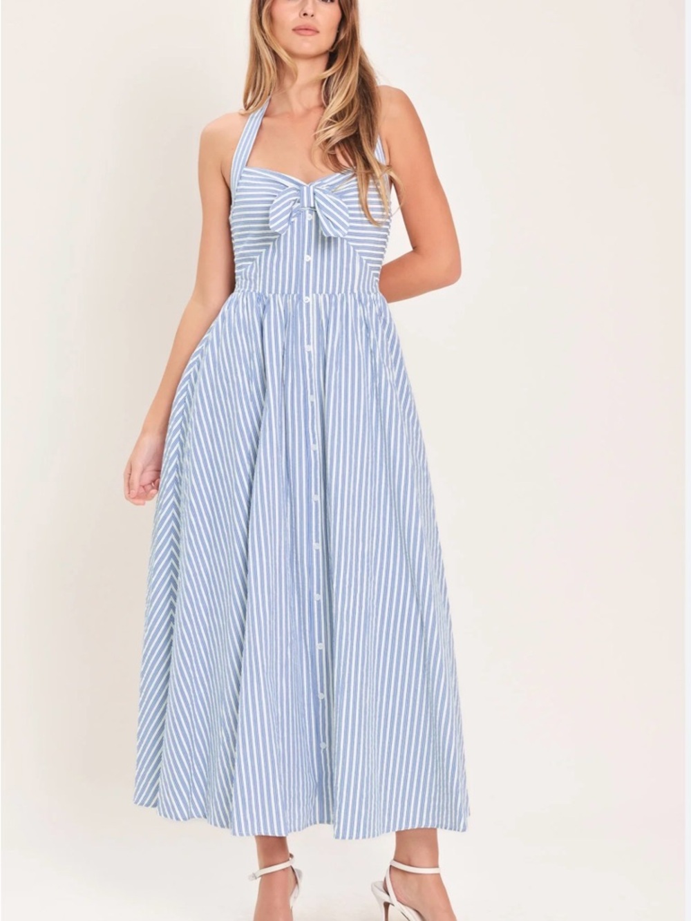 Flying Tomato Blue and White Striped Halter Tie-Front Maxi Dress